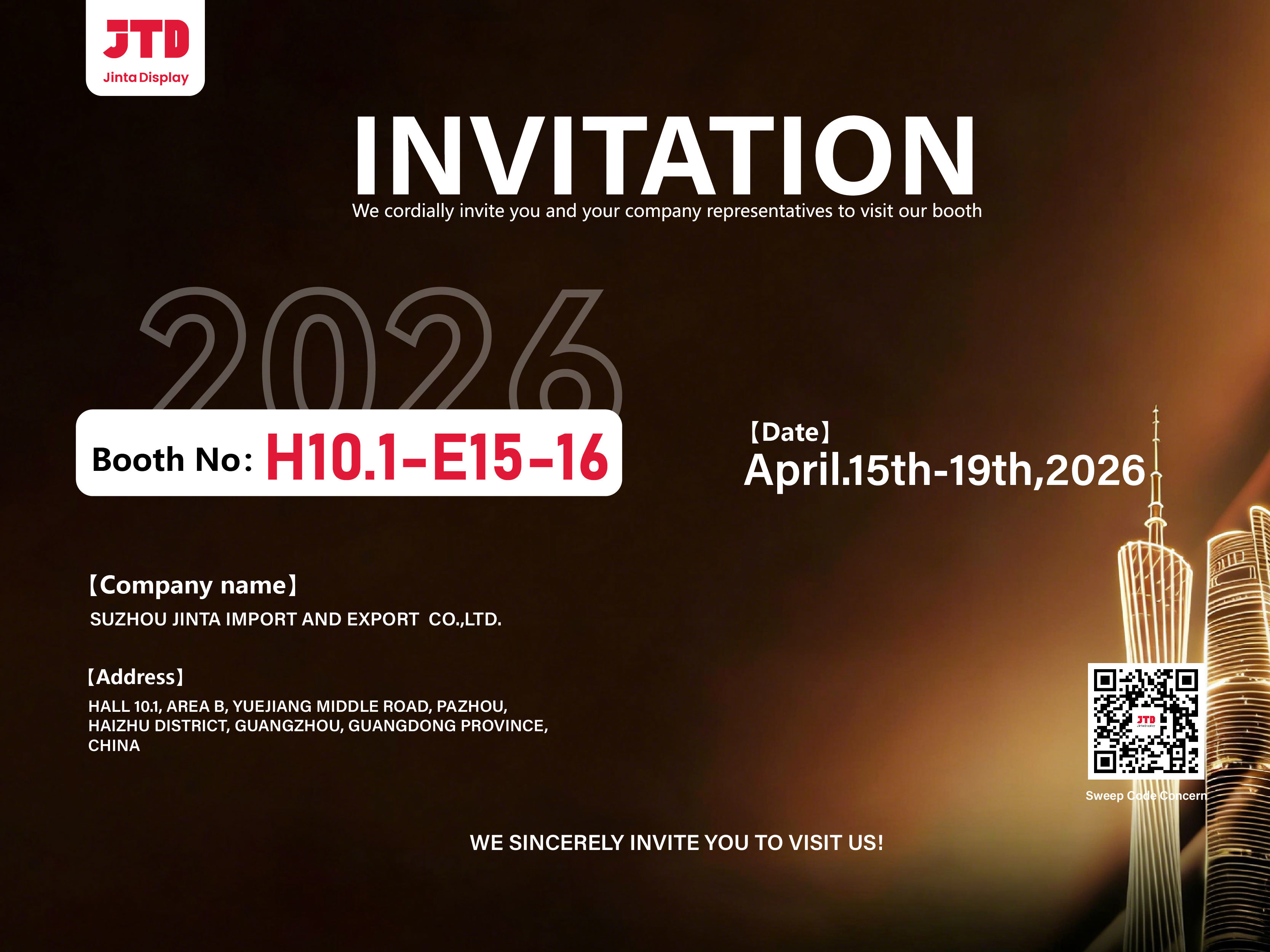 Derniers blogs de l'entreprise sur Suzhou Jinta Import & Export Co., Ltd. vous invite sincèrement à visiter notre stand à la 139e Foire de Canton.