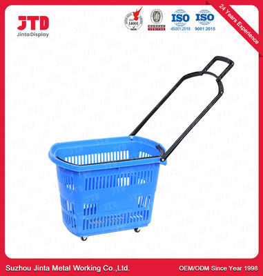 Panier de achat en plastique bleu de supermarché des paniers 60L de chariot avec des roues